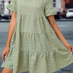 Textured Tiered Dress Solid Crew Neck Short Sleeve Dress