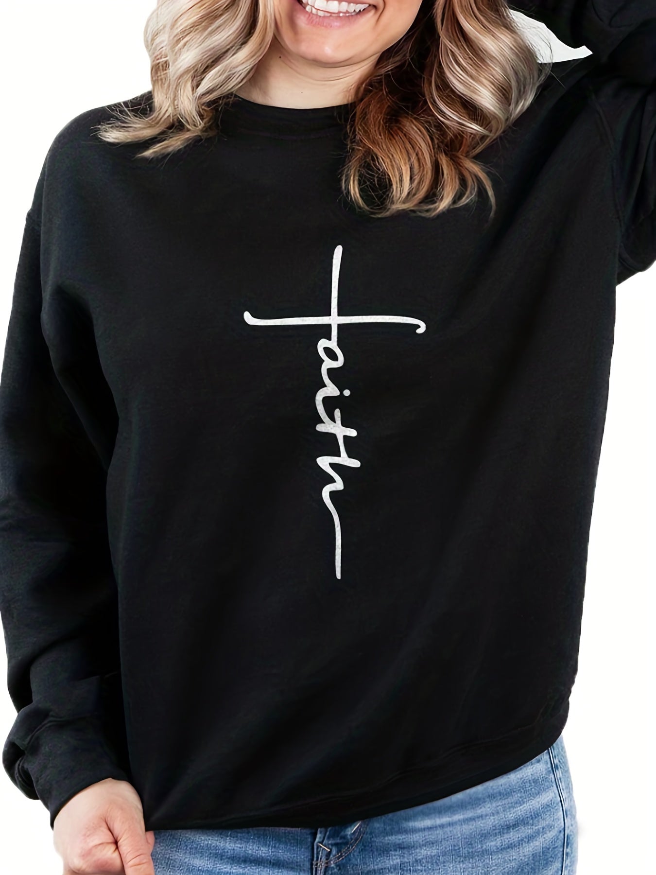 Faith Print Pullover Sweatshirt Long Sleeve Crew Neck Sweatshirt