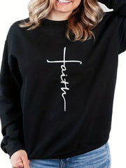 Faith Print Pullover Sweatshirt Long Sleeve Crew Neck Sweatshirt