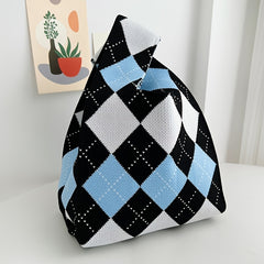 Checkerboard Tote Bag Casual Knit Handbag for Travel Gym & Outdoor Sports