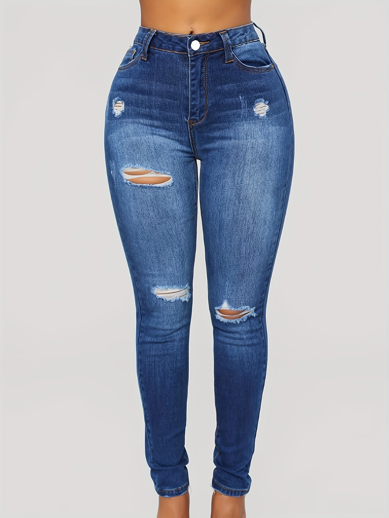 Ripped Holes Skinny Jeans Slim Fit Mid Stretch Versatile Denim Pants