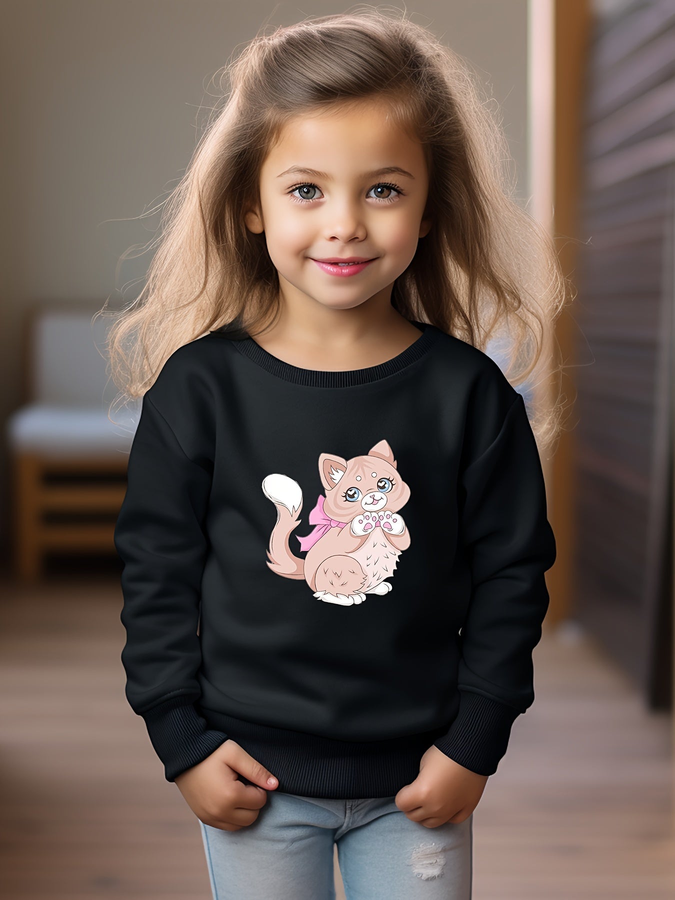 Girls Cat Pattern Crew Neck Sweatshirt for Spring Fall