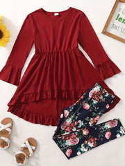 2pcs Girl Floral High Low Tee & Polka Dots Leggings Set Spring Fall