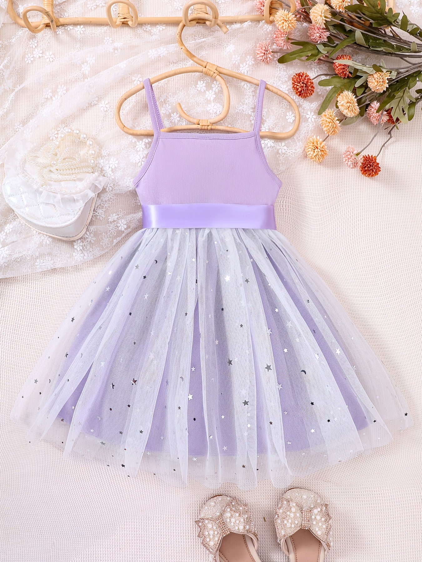 Toddler Girls Stars Mesh Overlay Belted Cami Princess Dress