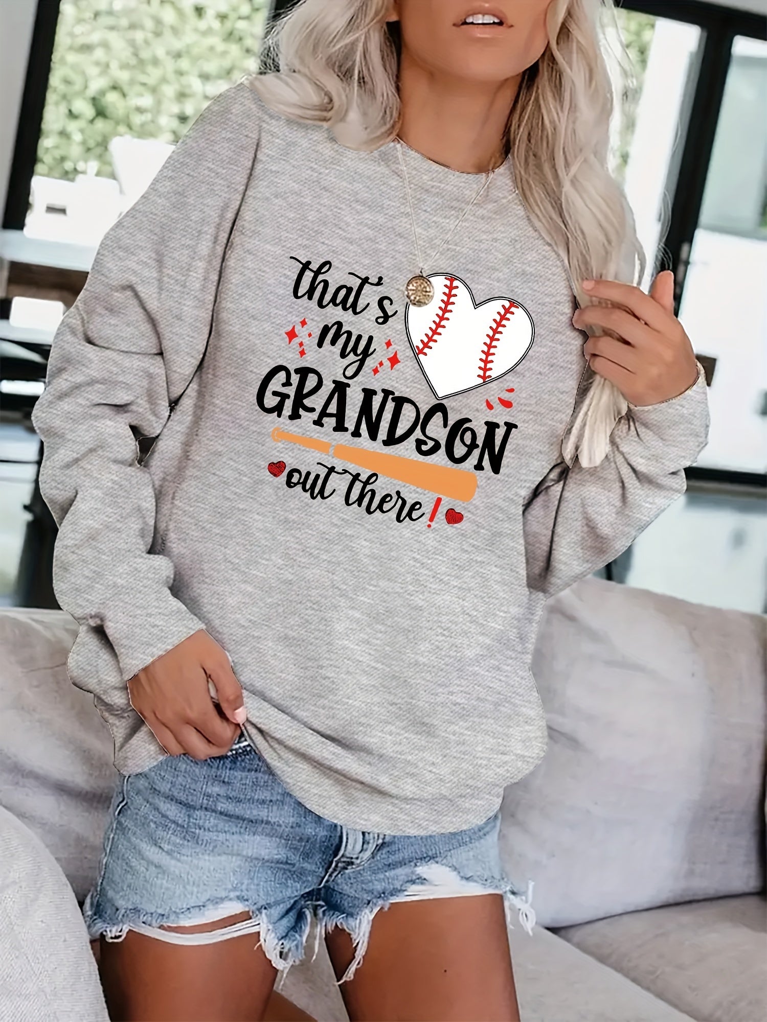 Baseball Graphic & Letter Print Sweatshirt Casual Loose Crew Neck Sweatshirt
