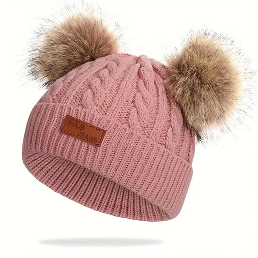 Kids Double Fur Ball Beanie Knitted Hat Autumn Winter Warm Ear Protection