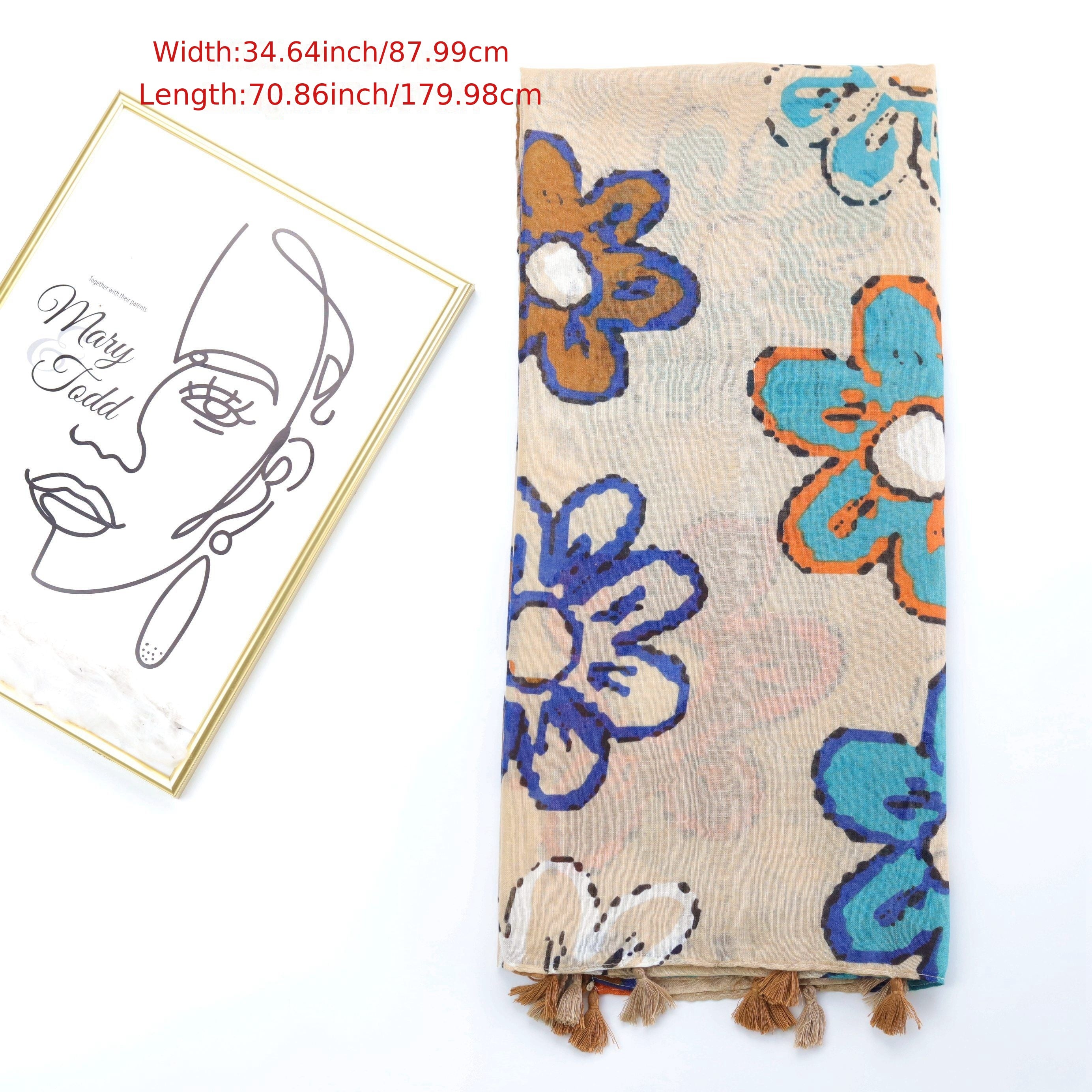 Colorful Flower Graffiti Tassel Scarf Beige Printed Shawl