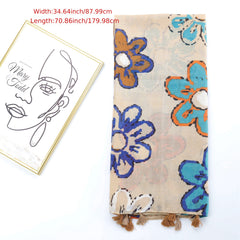 Colorful Flower Graffiti Tassel Scarf Beige Printed Shawl