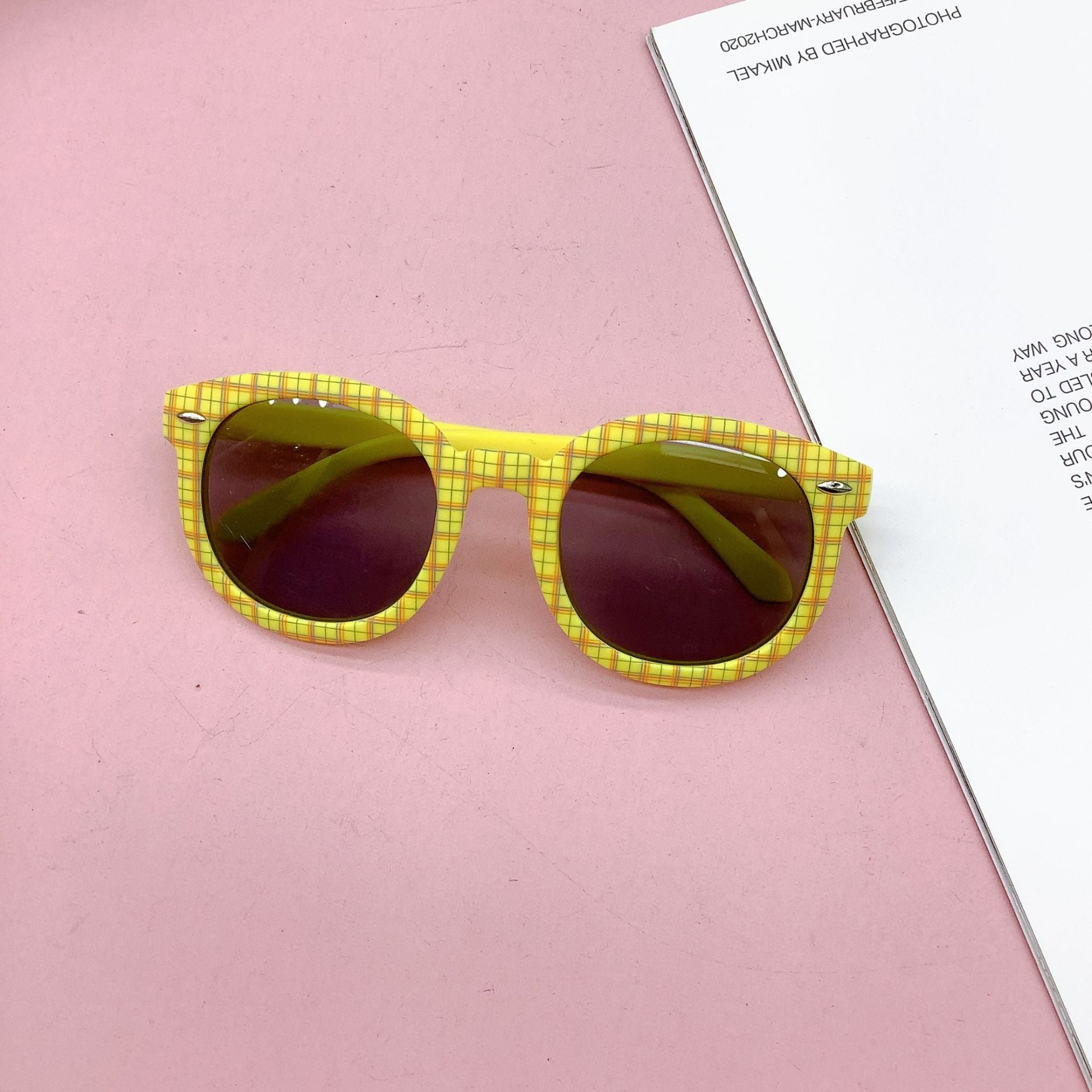 Kids Plaid Round Frame UV Sunglasses