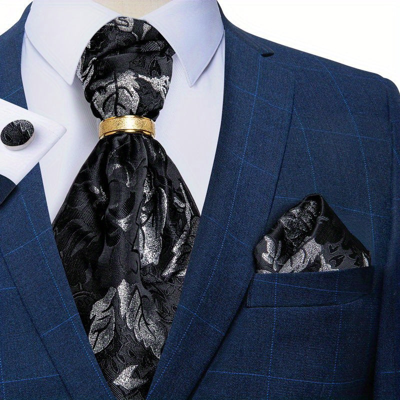 Men's Formal Silk Cravat Hanky Ring Set Ascot Vintage Plain Necktie Scarf