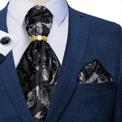 Men's Formal Silk Cravat Hanky Ring Set Ascot Vintage Plain Necktie Scarf
