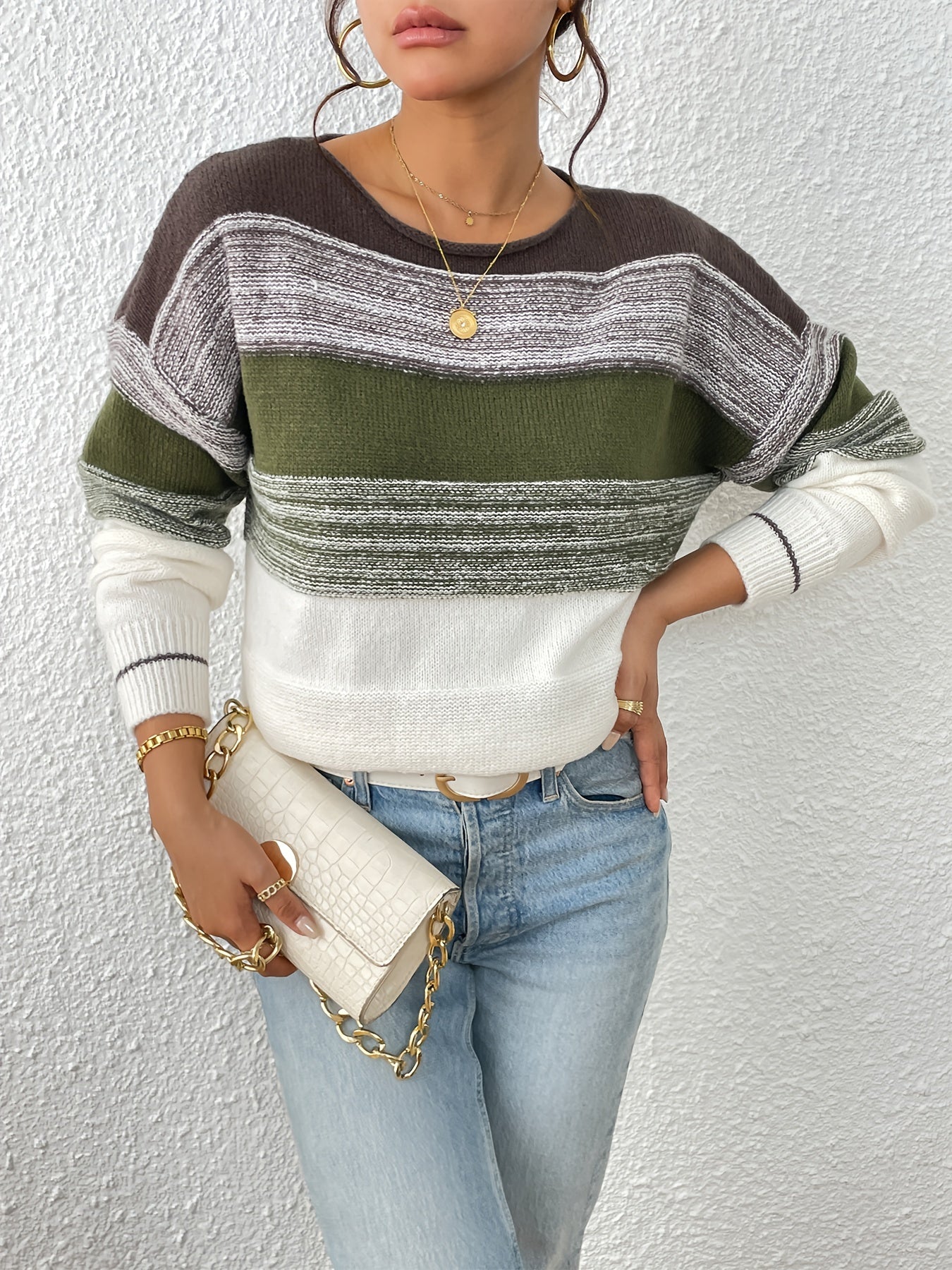 Striped Knit Sweater Crew Neck Long Sleeve Casual Women's Clothing