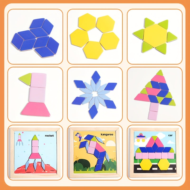 Wooden Jigsaw Puzzle Geometric Shape 3D Building Blocks Educational Toy