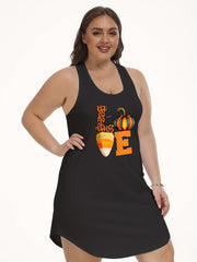 Halloween Lounge Dress Pumpkin & Bat Print Scoop Neck Stretch Tank
