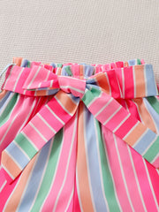Toddler Girls Dopamine Flutter Sleeve T Shirt & Striped Belted Shorts
