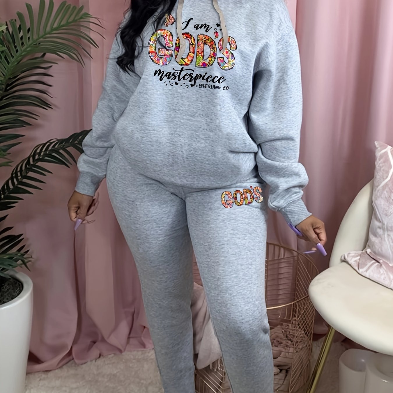 Women's Plus Floral Letter Print Hoodie & Sweatpants Set