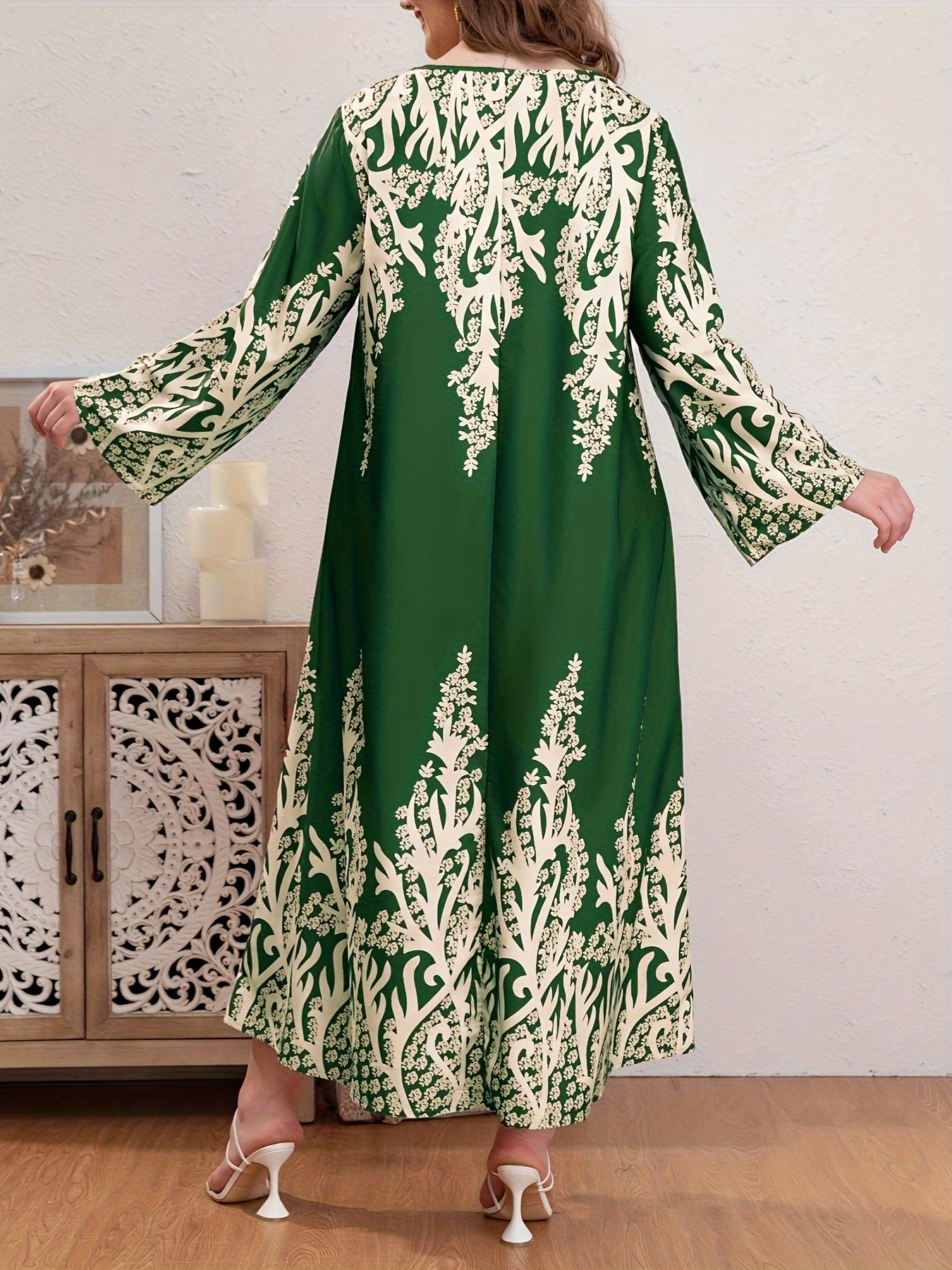 Casual Abaya Dress Women's Plus Floral Print Long Sleeve