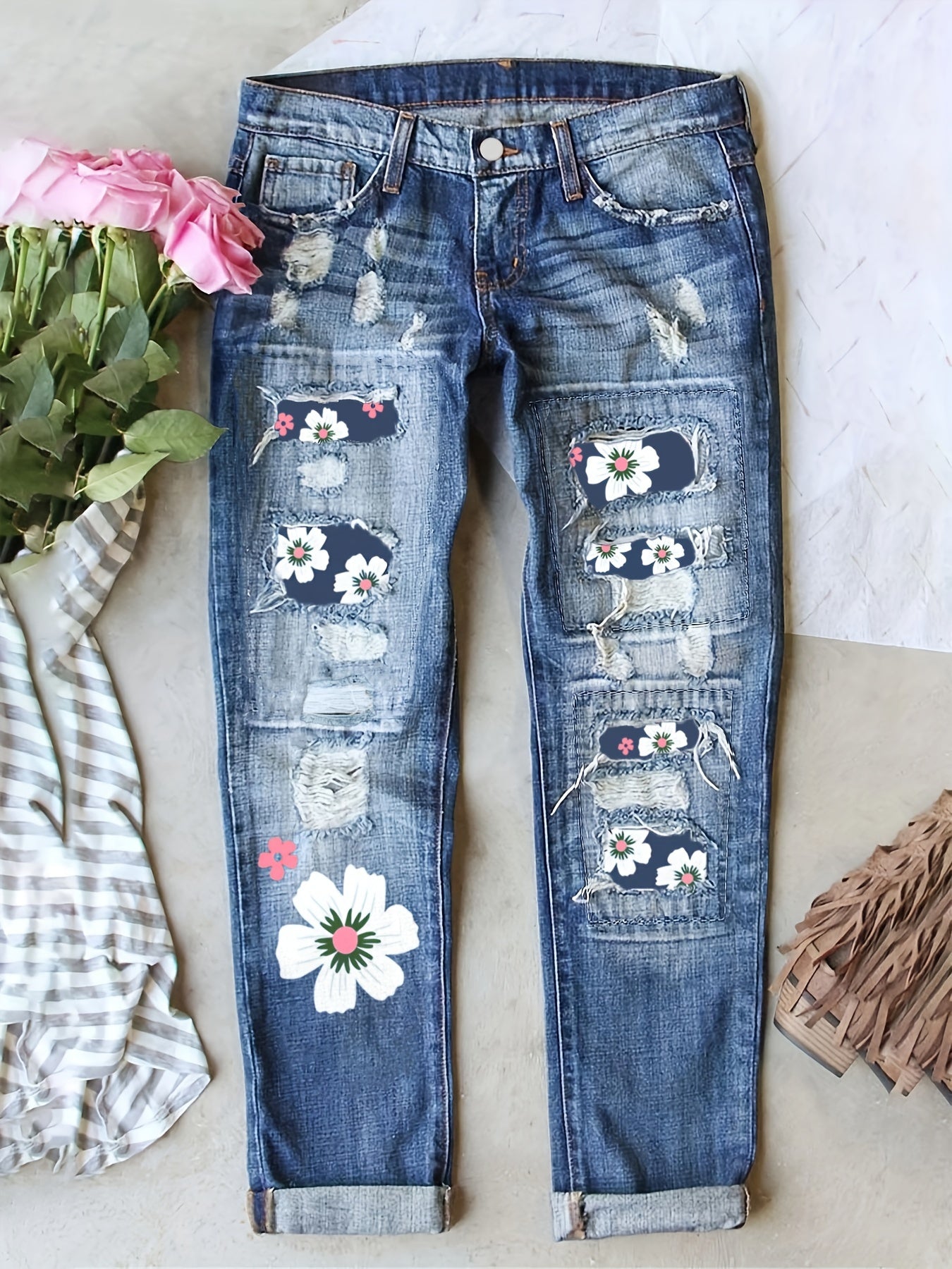 Floral Print Ripped Button Fly Jeans