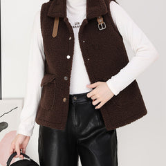 Solid Teddy Vest Casual Button Front Sleeveless Warm Vest