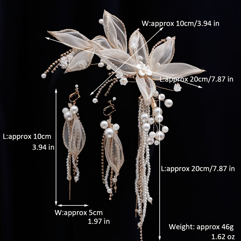 Faux Pearl Tassel Hairclip Earrings Set Wedding Party Decor