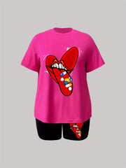 Women's Plus Cartoon Lips & Heart Print Tee & Shorts 2pcs Set