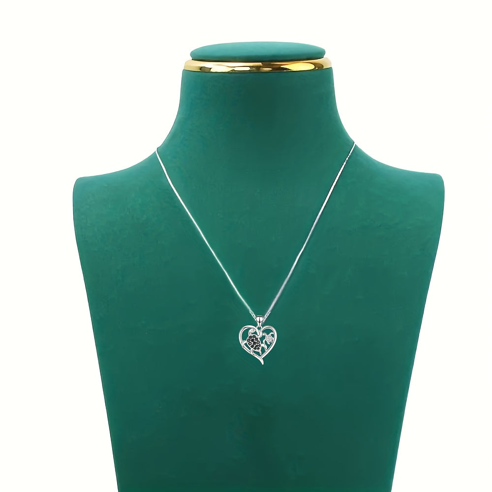 Mother Child Turtle Rhinestone Heart Pendant Necklace