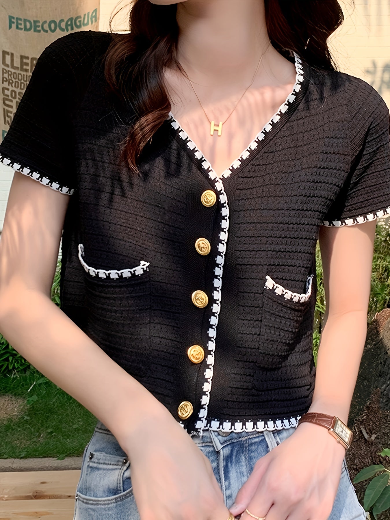 V Neck Button Up Cardigan for Women