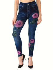 Denim & Floral Print Skinny Leggings Women's Clothing