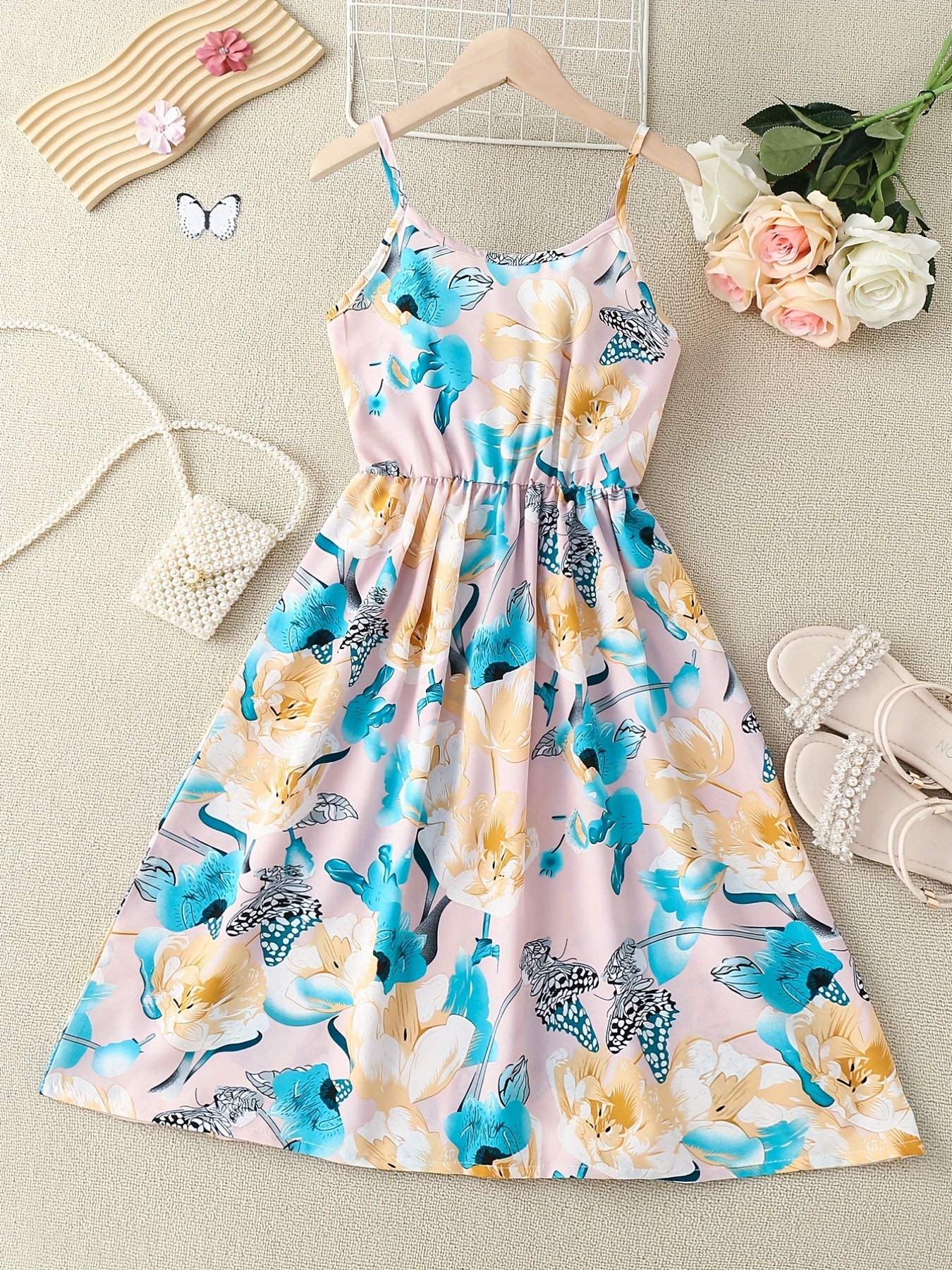 Girls Tropical Leaves Print Summer Dress Elastic Waist A-line Swing Sundress