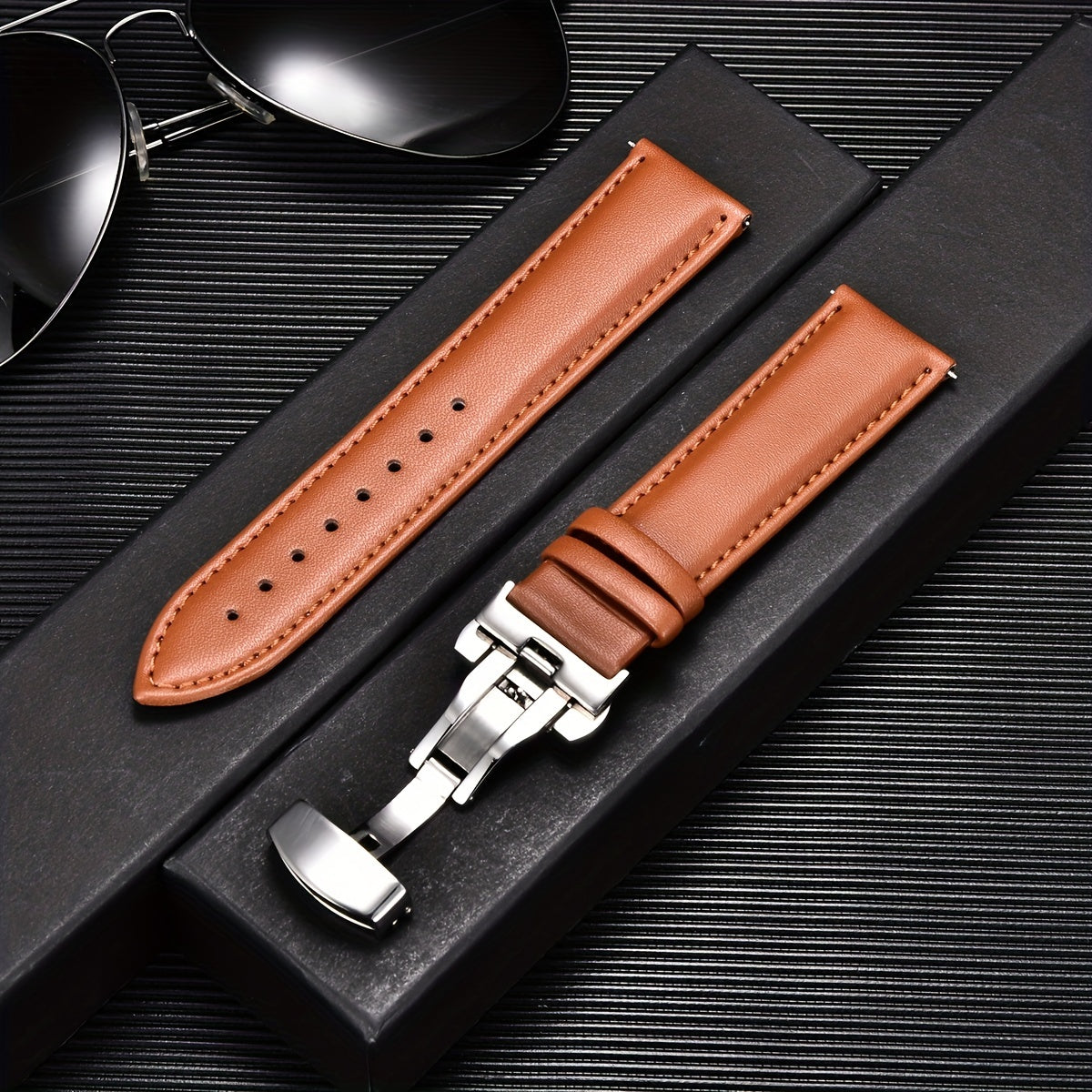 Double Press Solid Butterfly Buckle Leather Strap 18mm-24mm