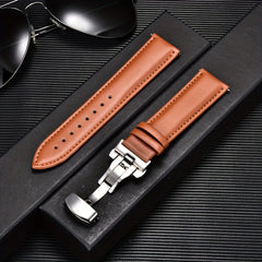 Double Press Solid Butterfly Buckle Leather Strap 18mm-24mm