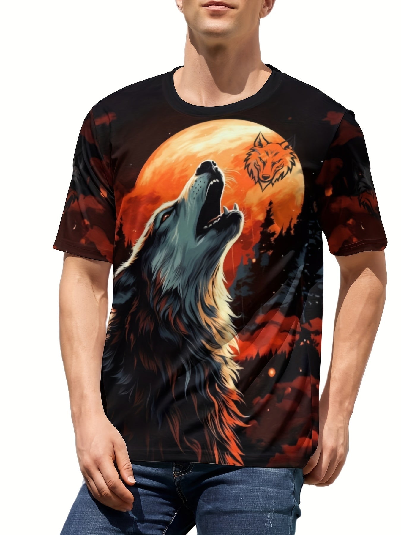 Men's Wolf & Red Moon Graphic T shirt Active Stretch Breathable 3D Print