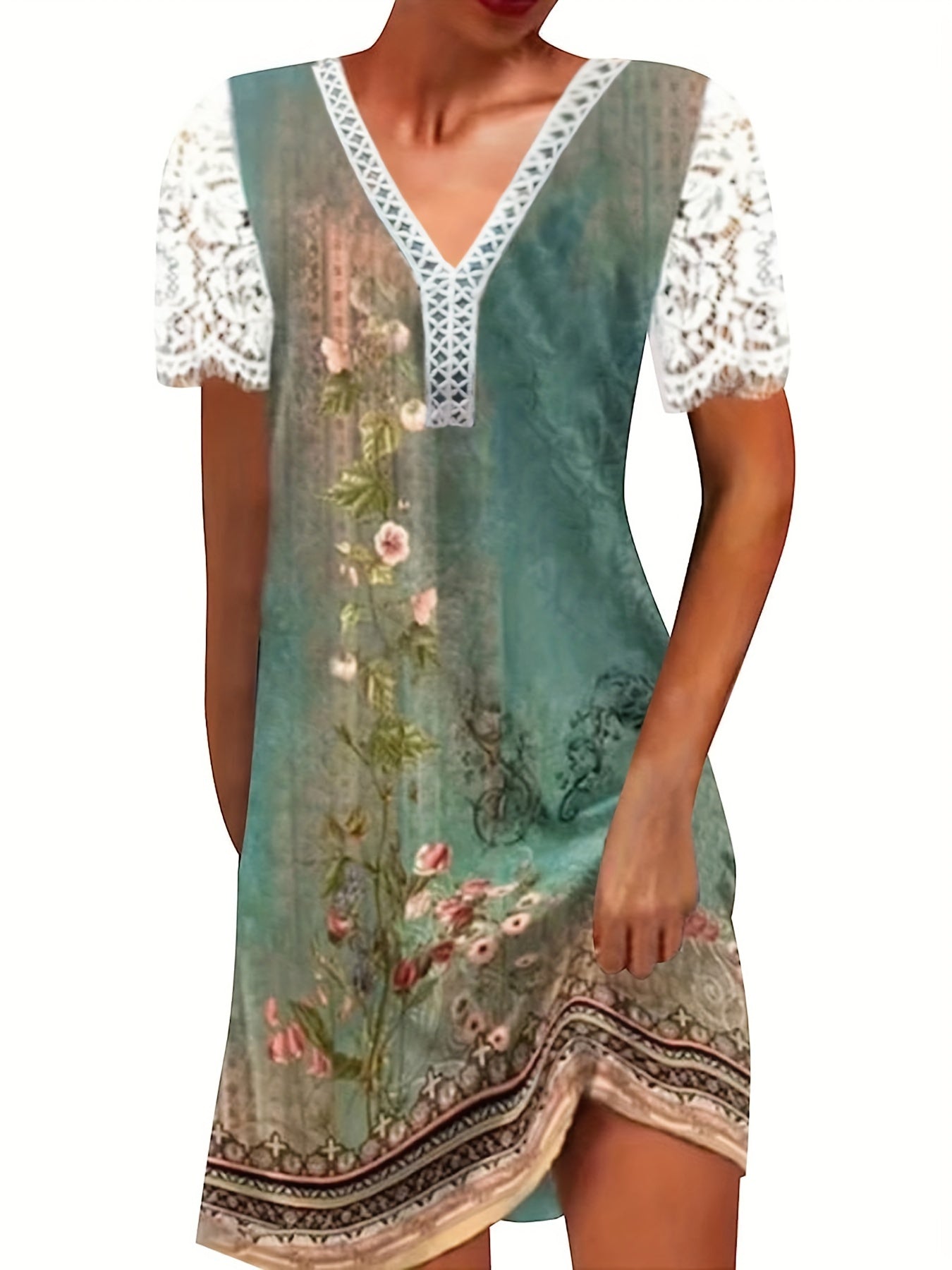 Floral Print V Neck Dress Lace Short Sleeve Dress