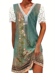 Floral Print V Neck Dress Lace Short Sleeve Dress
