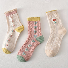 3 Pairs Floral Print Comfy Mid Tube Socks Women's Stockings & Hosiery