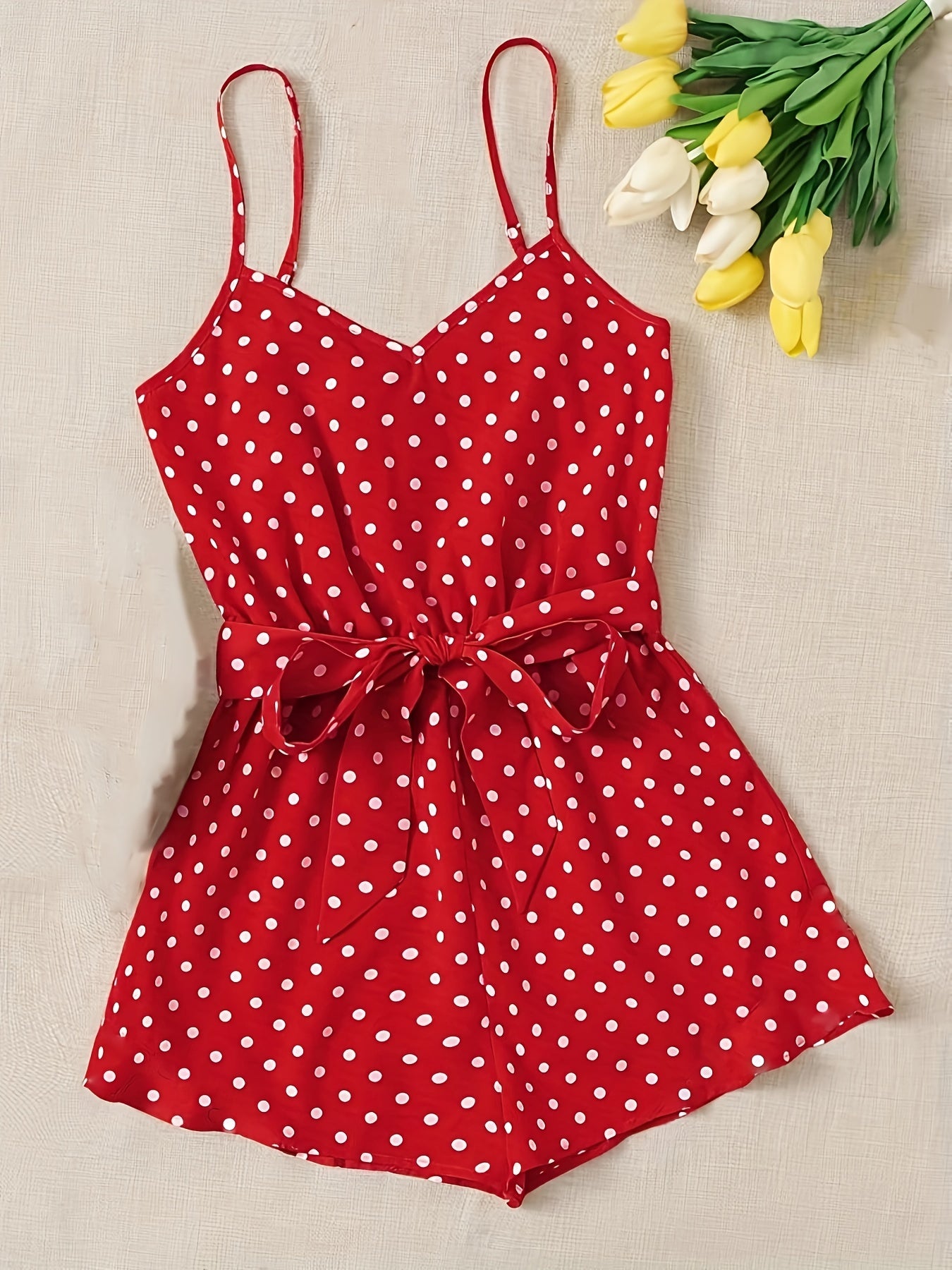 Polka Dot Print Romper Jumpsuit V Neck Tie Waist