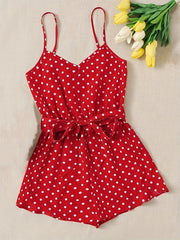 Polka Dot Print Romper Jumpsuit V Neck Tie Waist