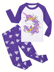Kid's Unicorn Floral Print 2pc Pajama Set Comfortable Loungewear
