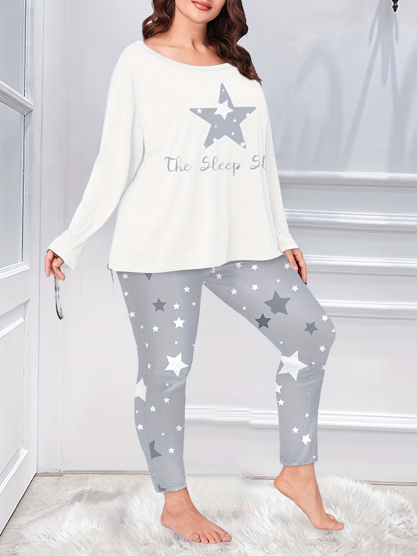 Star Print Pajamas Set Round Neck Top & Pants