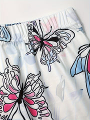 Butterfly Print Pajama Set V Neck Cami Top & Lace Trim Shorts