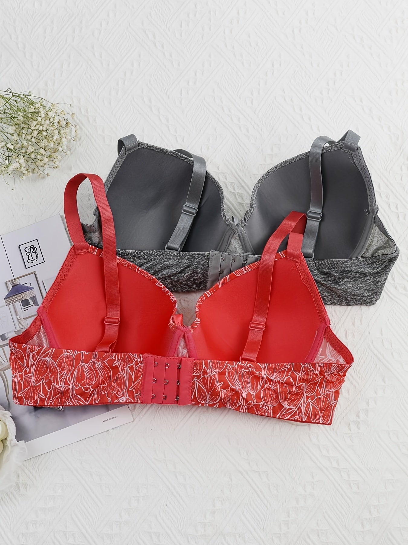 2 Pack Women's Plus Size Casual Bras Set Full Coverage Solid Floral Print 2pcs