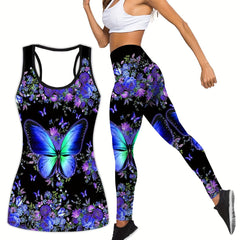 Women's Plus Floral & Butterfly Print Racer Back Tank Top & Leggings Set