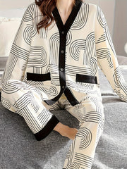 Geometric Print Pajama Set with Long Sleeve Top & Elastic Waistband Pants
