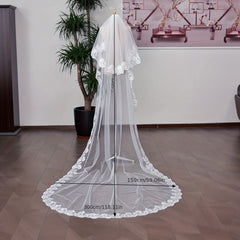 Flower Pattern Lace Edge Bridal Veil Long Tail Classic Wedding Accessory