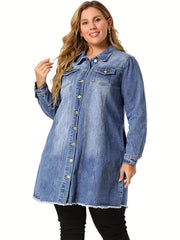 Casual Denim Top Women's Plus Washed Pipping Button Up Long Sleeve