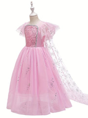 Girls Sequin Snowflake Princess Dress Sleeveless Ruffle Mesh Cape
