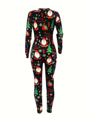 Christmas Print Lounge Jumpsuit Long Sleeve V Neck Buttons Jumpsuit
