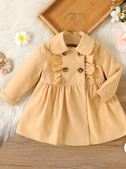 Ruffle Trim Double Breasted Trench Coat Girls Thermal Jacket