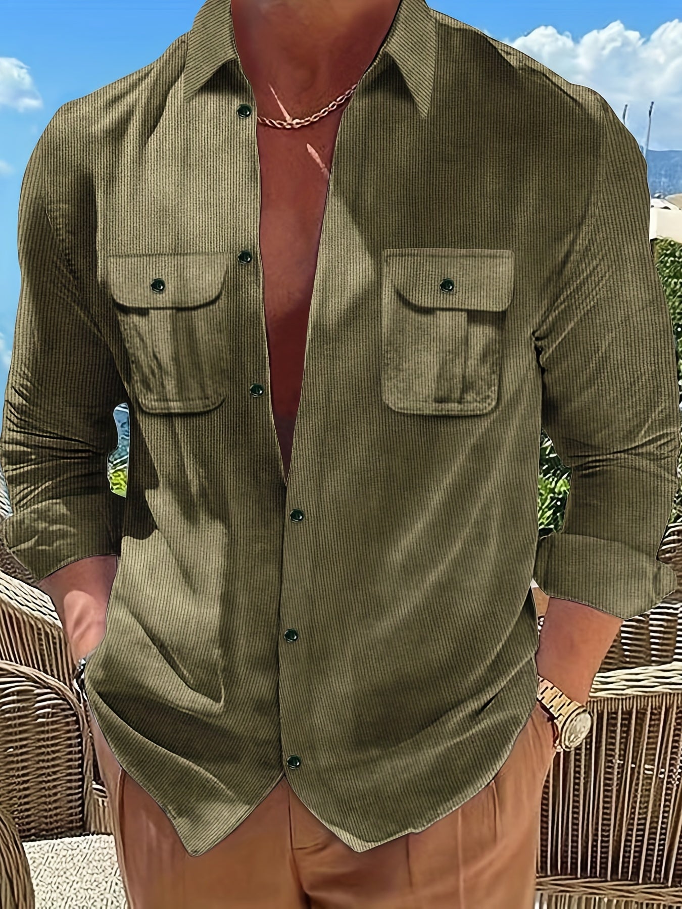 Men's Casual Long Sleeve Shirt With Chest Pocket