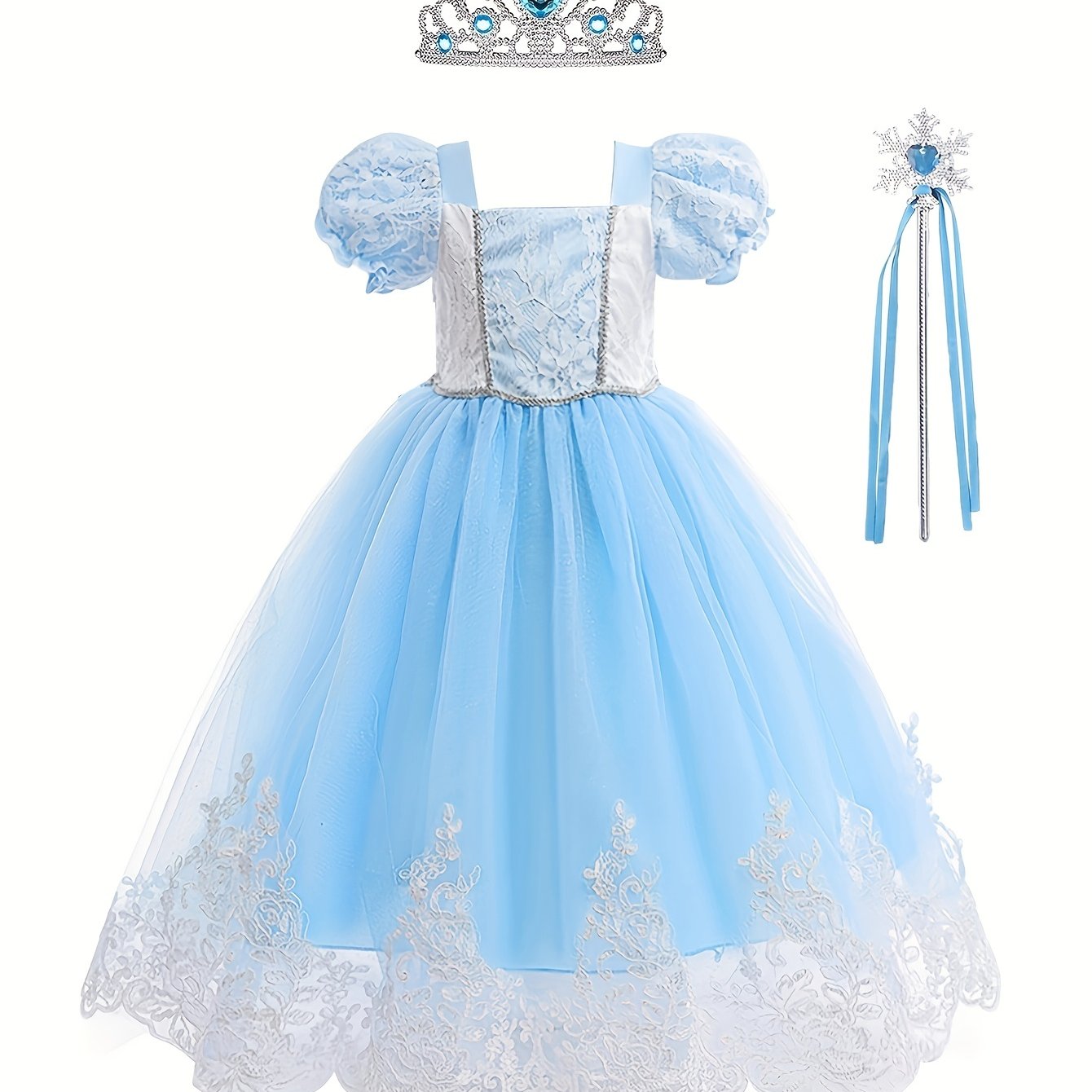 Princess Halloween Costume Dress Up Girls Fairy Tale Lace Embroidered Puff Sleev